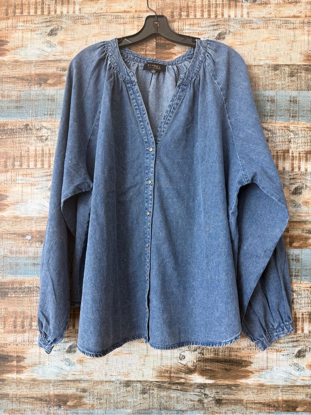 Flying Tomato Denim Button-Front Peasant Blouse - Blue High Quality!!